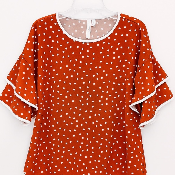 NY Collection Tops - NY Collection Orange & White Polka Dot Ruffle Sleeve Blouse Women’s Size Medium